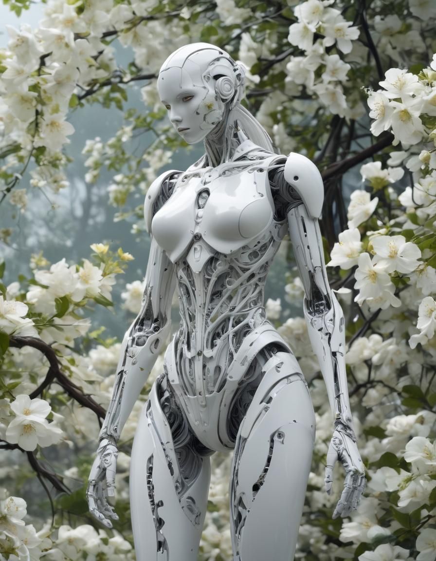 Elegant Cyborg Goddess in Flowering Vines