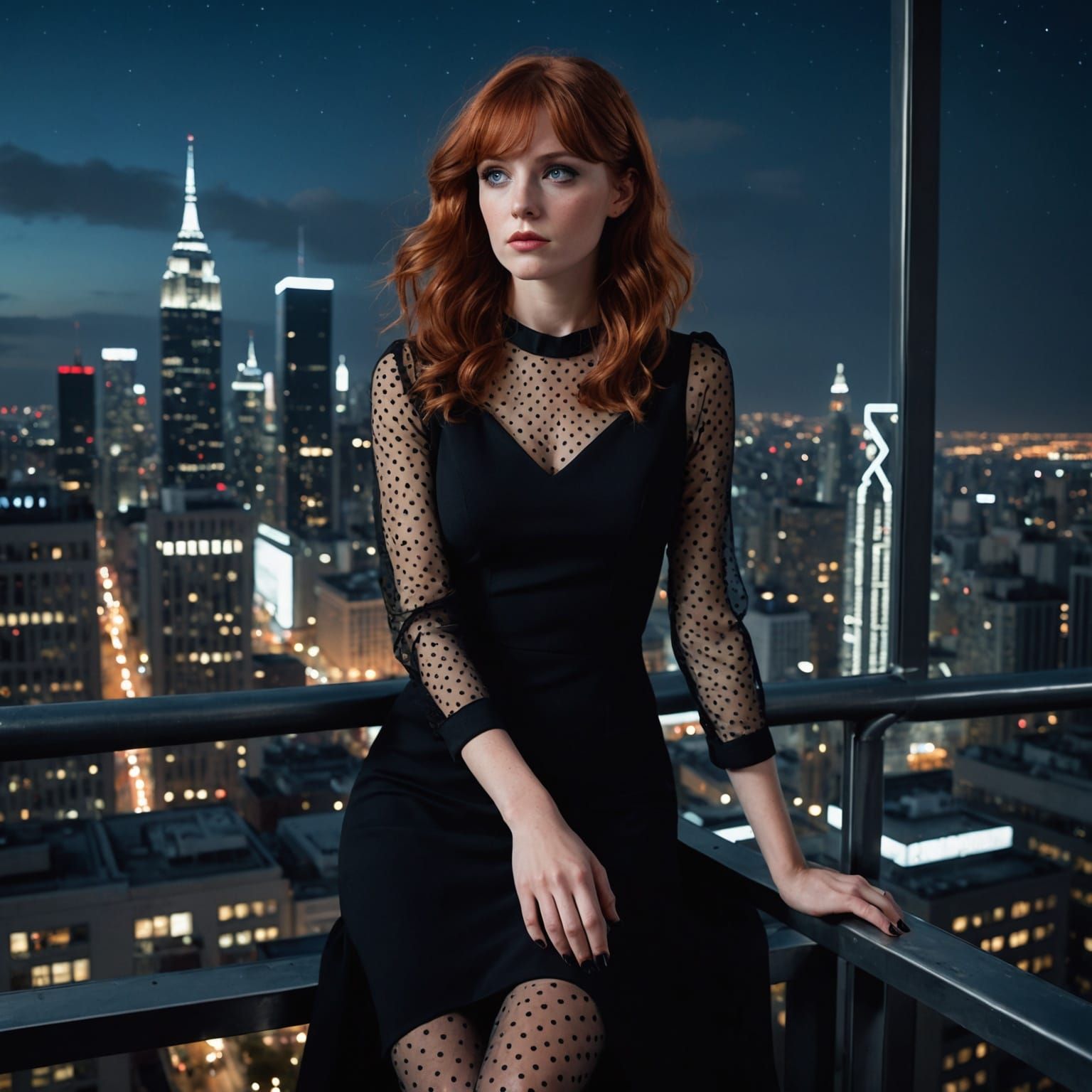 Woman on Skyscraper Roof at Night: Detailed Matte Painting