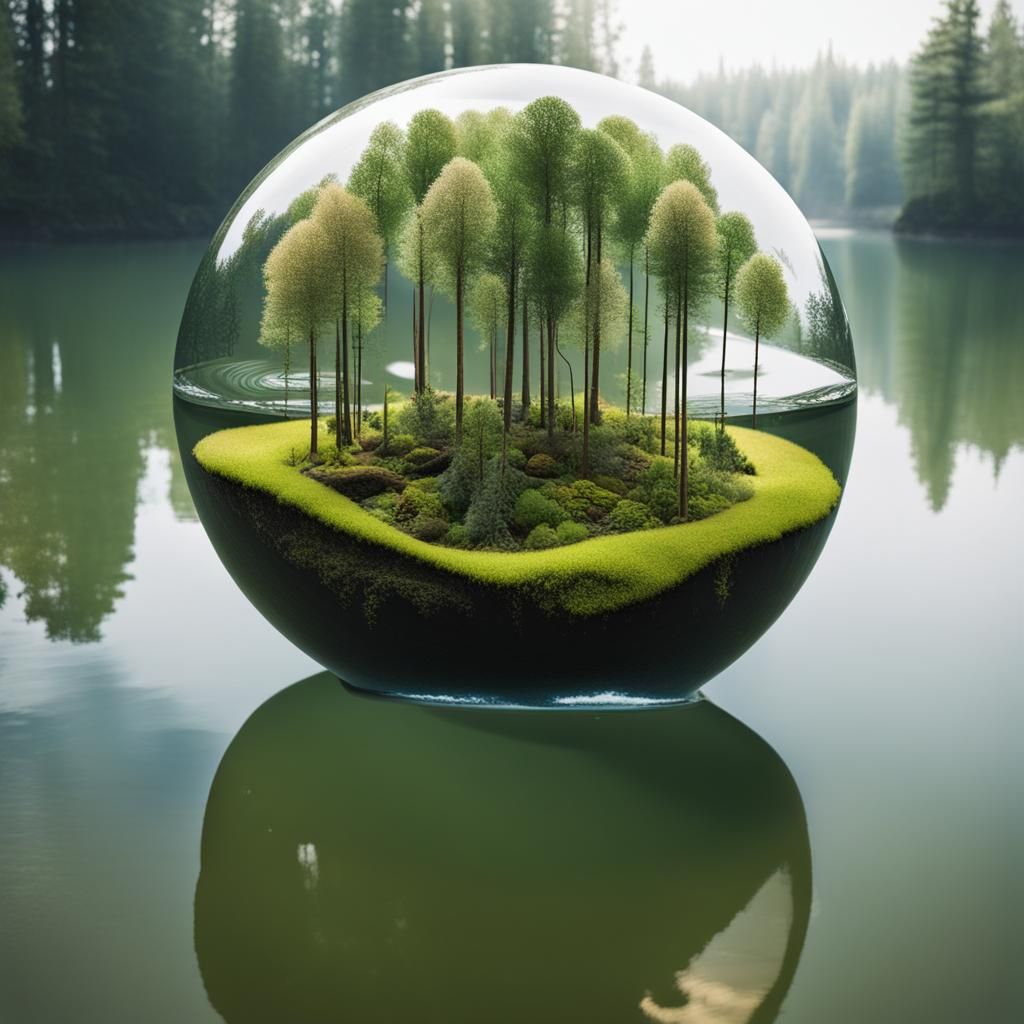 Floating Forest in Glass Sphere on River