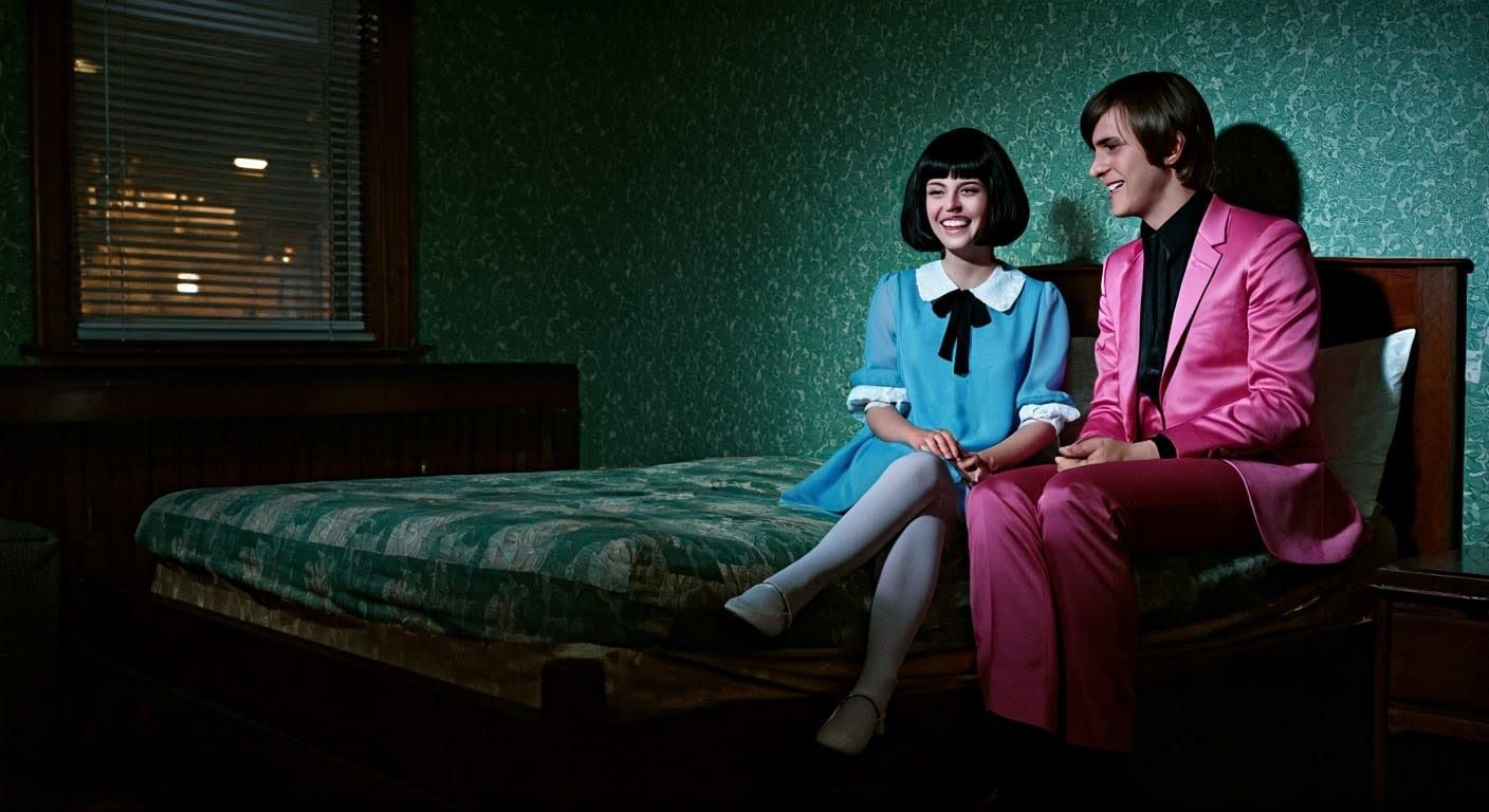Mod Era Couple in a Vintage Motel Room, Shot in Widescreen w...