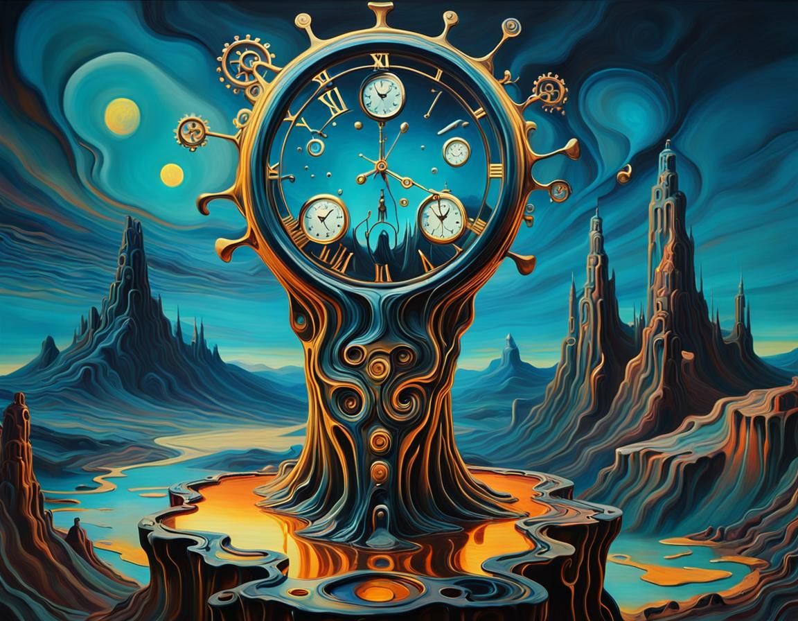 Surreal Melting Clock Figure in Dreamlike Landscape