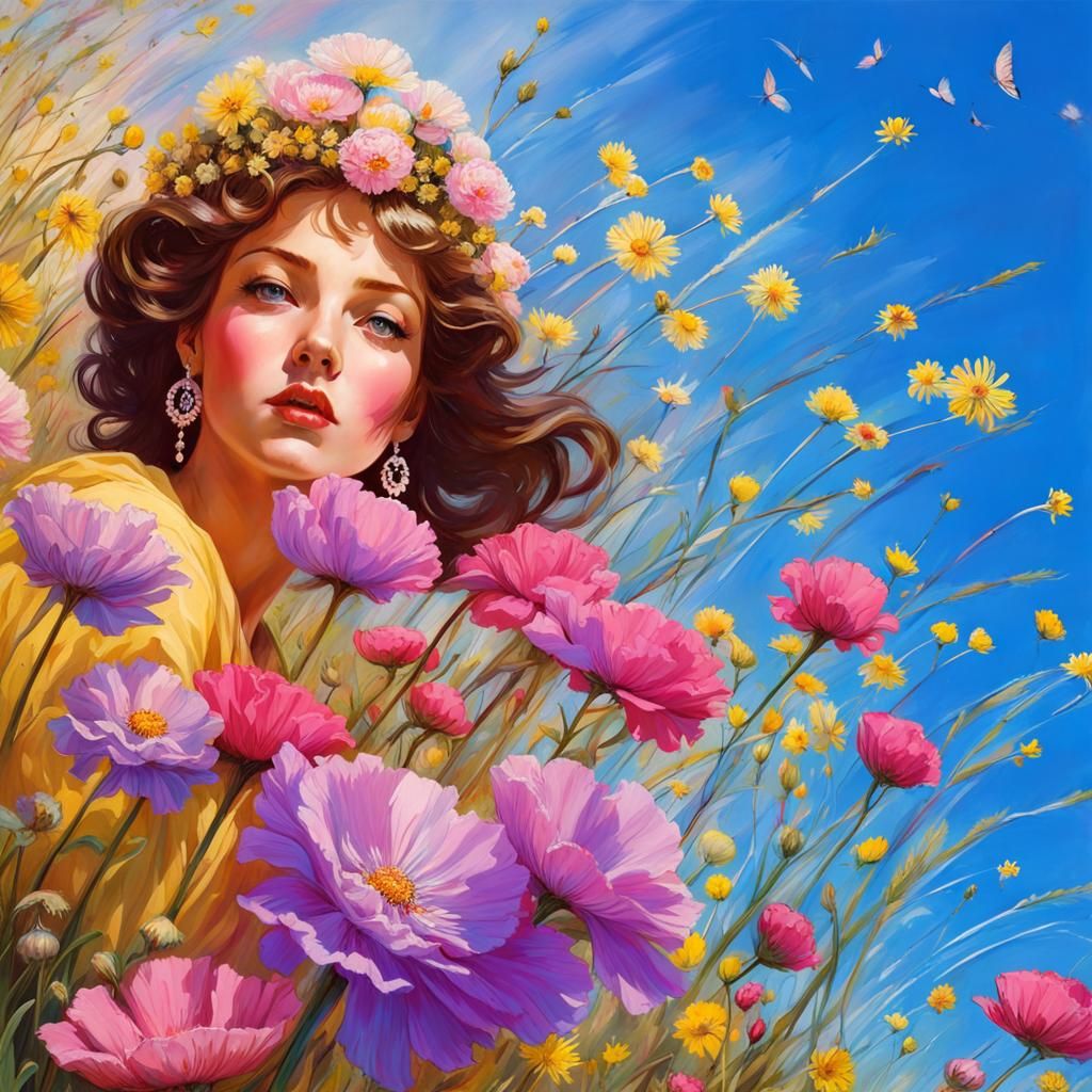 Portrait of Maiden in Flower Field, Vintage Style