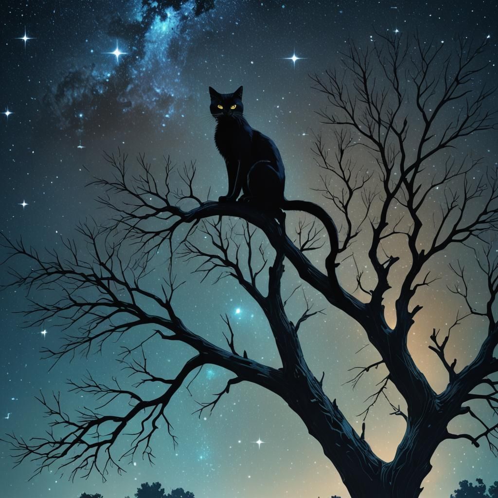 Black Cat Silhouette in Starry Dystopian Sky