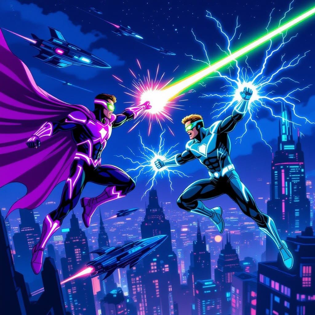 Superheroes Battle in Futuristic Cityscape
