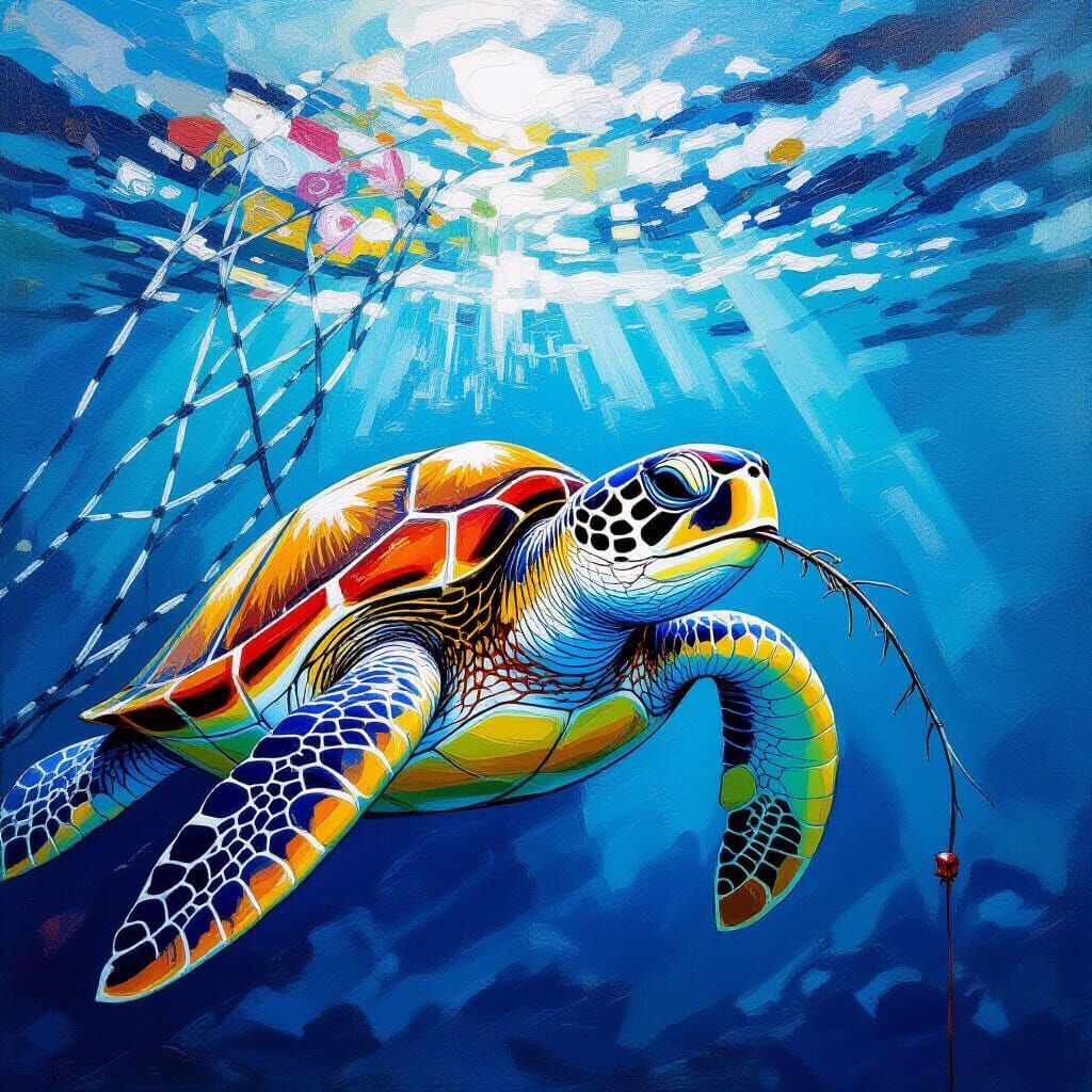 Sea Turtle Trapped by Plastic Pollution