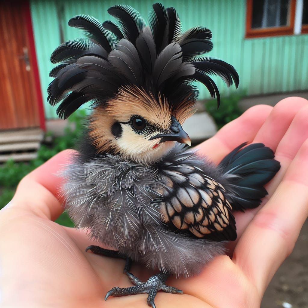 Fluffy Crested Chicken on a Hand