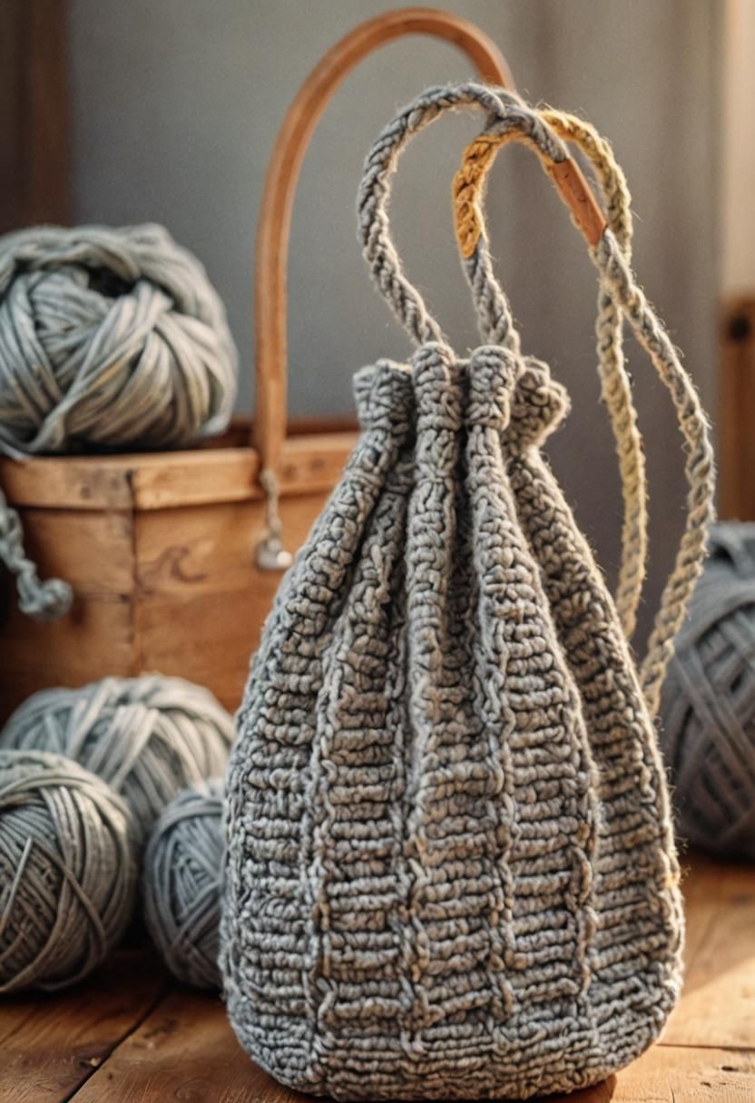 Cozy Still Life: Crocheted Knitting Bag with Yarn
