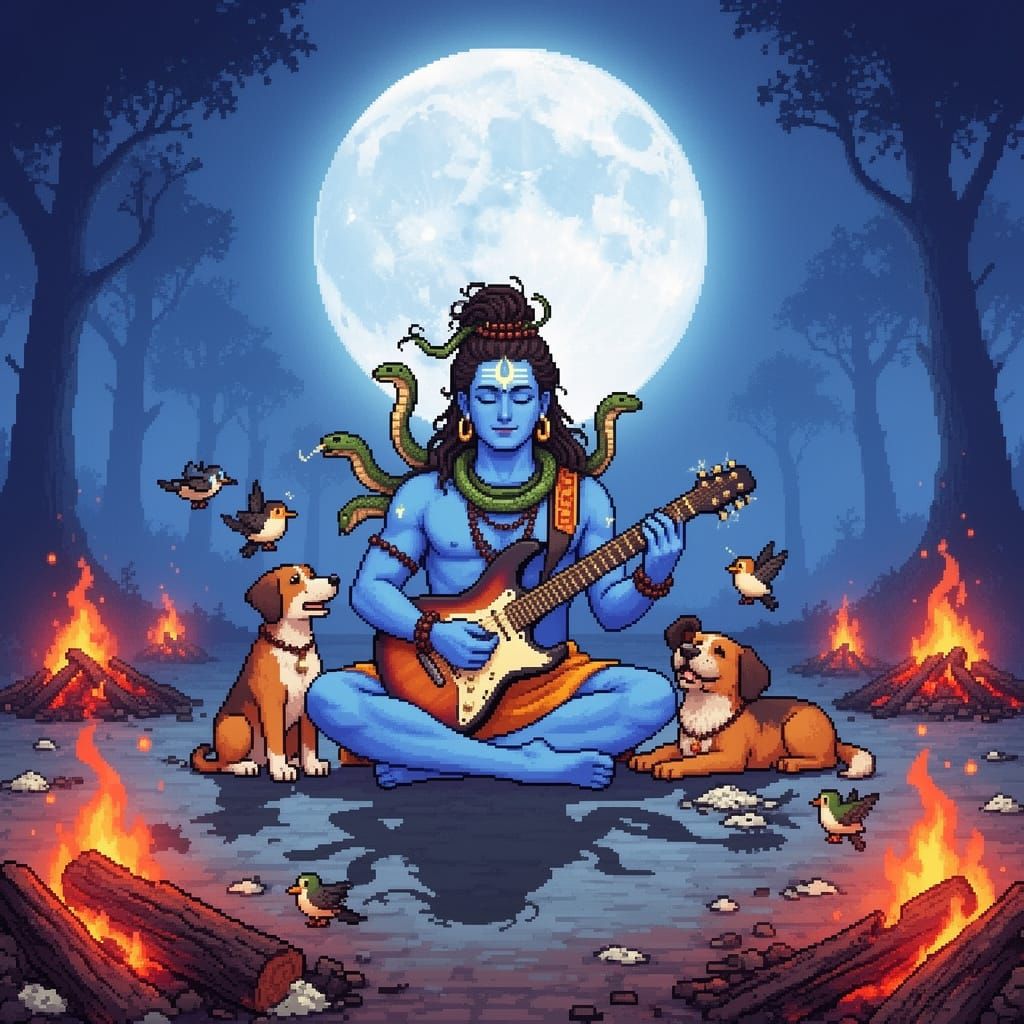 Lord Shiva Plays Guitar in Pixel Art Style