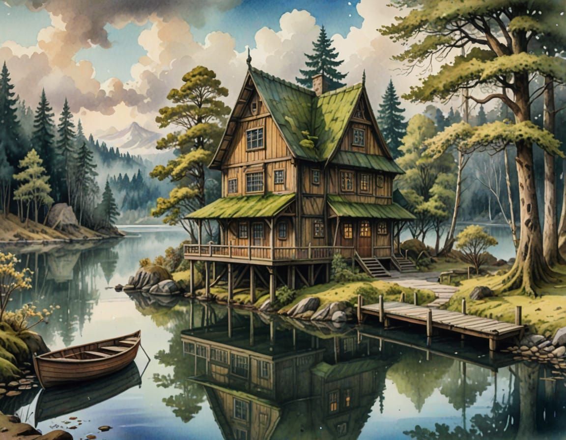 Medieval Wooden Villa on a Misty Winter Lake