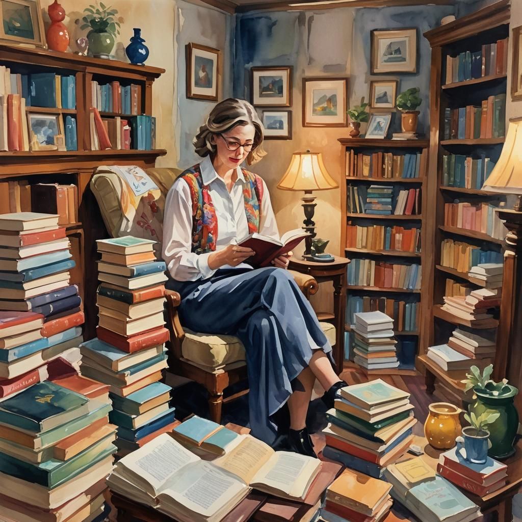 Cozy Woman Reading: Gouache Impressionist Masterpiece