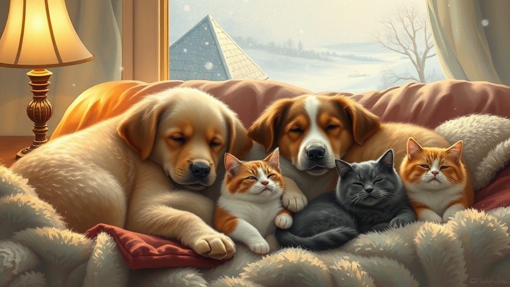 Cozy Scene of Pets Sleeping Amidst Warmth and Soft Light