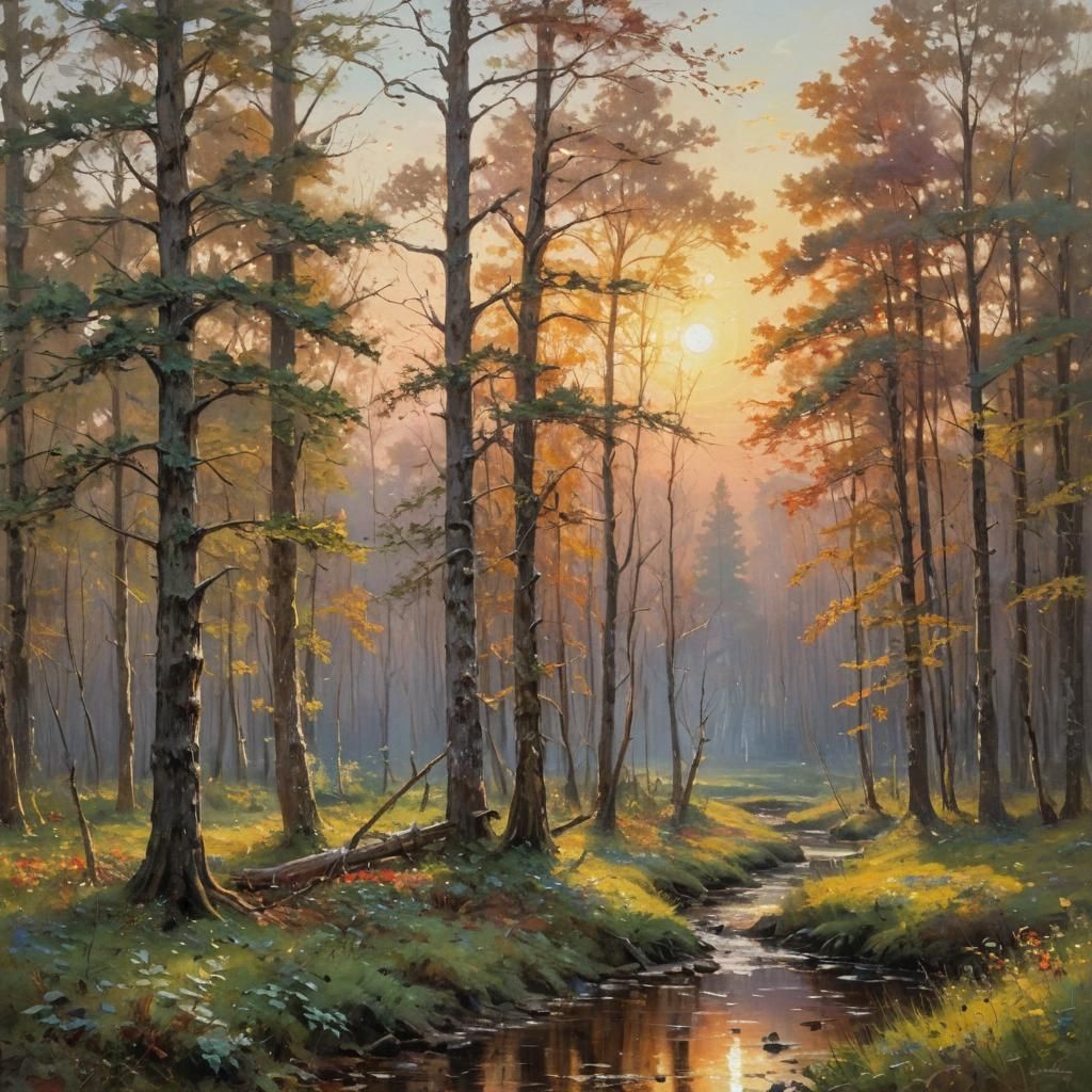 Sunset Forest Landscape with Impressionistic Brushwork