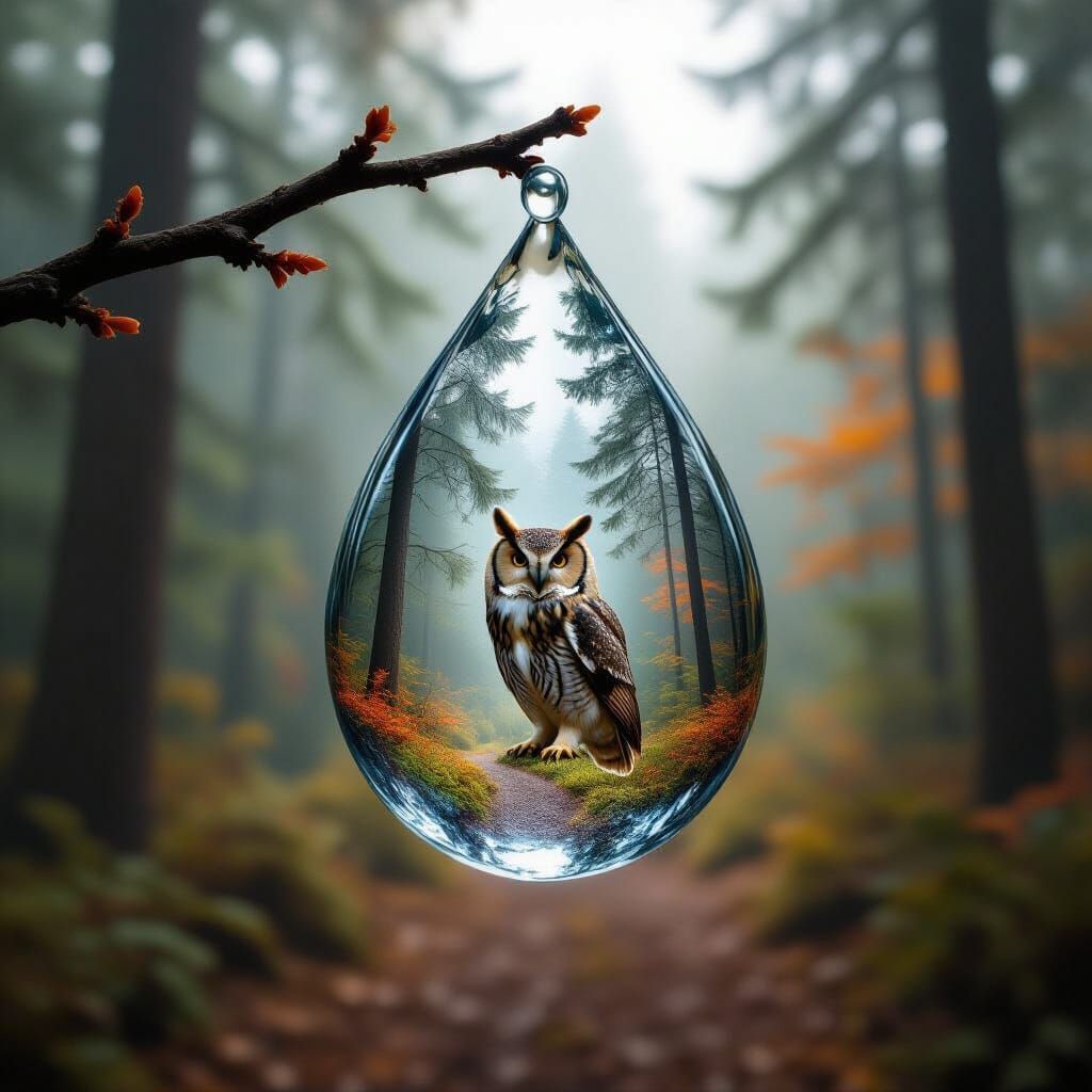 Double Exposure: Raindrop with Forest and Owl