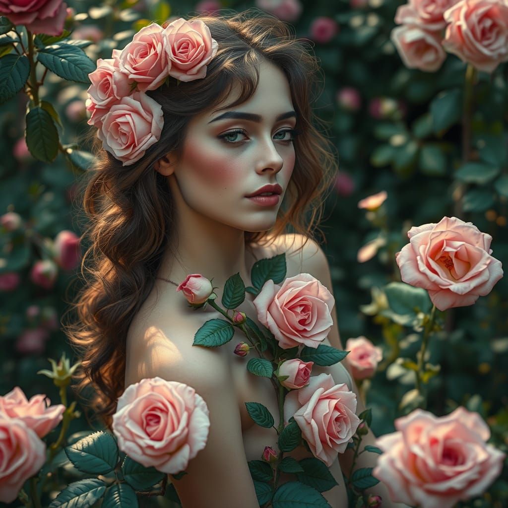 Woman in Rose Garden: Hyperrealistic Digital Art
