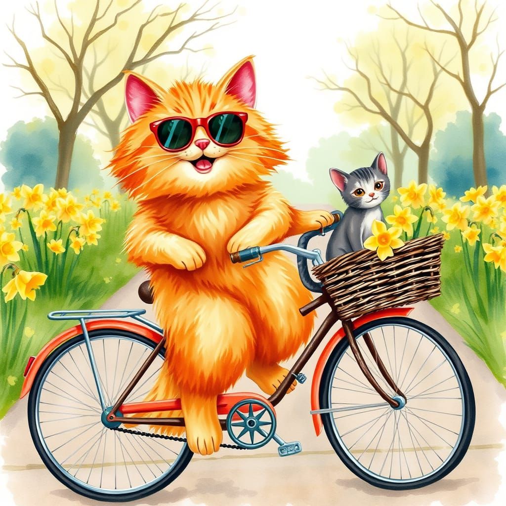 Vibrant Vintage Watercolor Cat Rides Bicycle Down Country La...