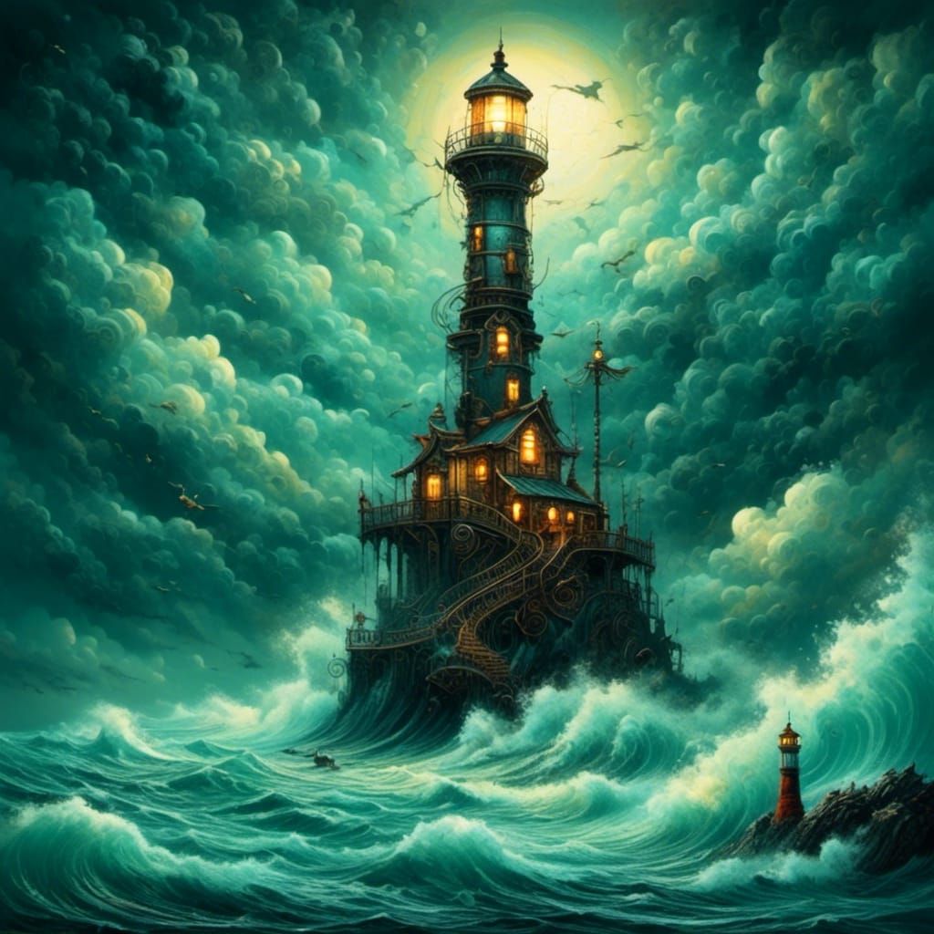 Steampunk Lighthouse Lights Stormy Night