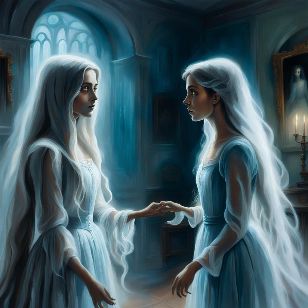 Ethereal Ghostly Woman in Vintage Room, Oil Painting