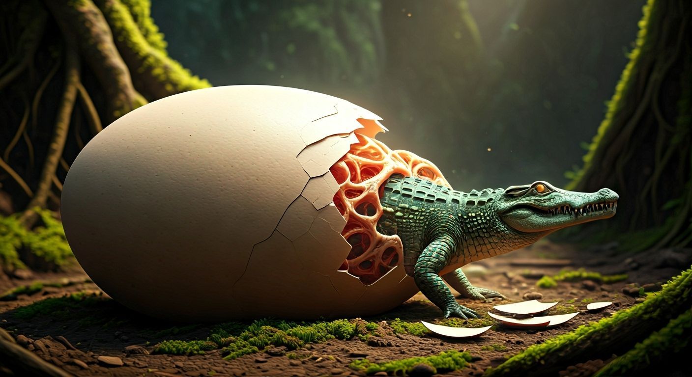 Cracking Egg Reveals Crocodile in Hyperrealism