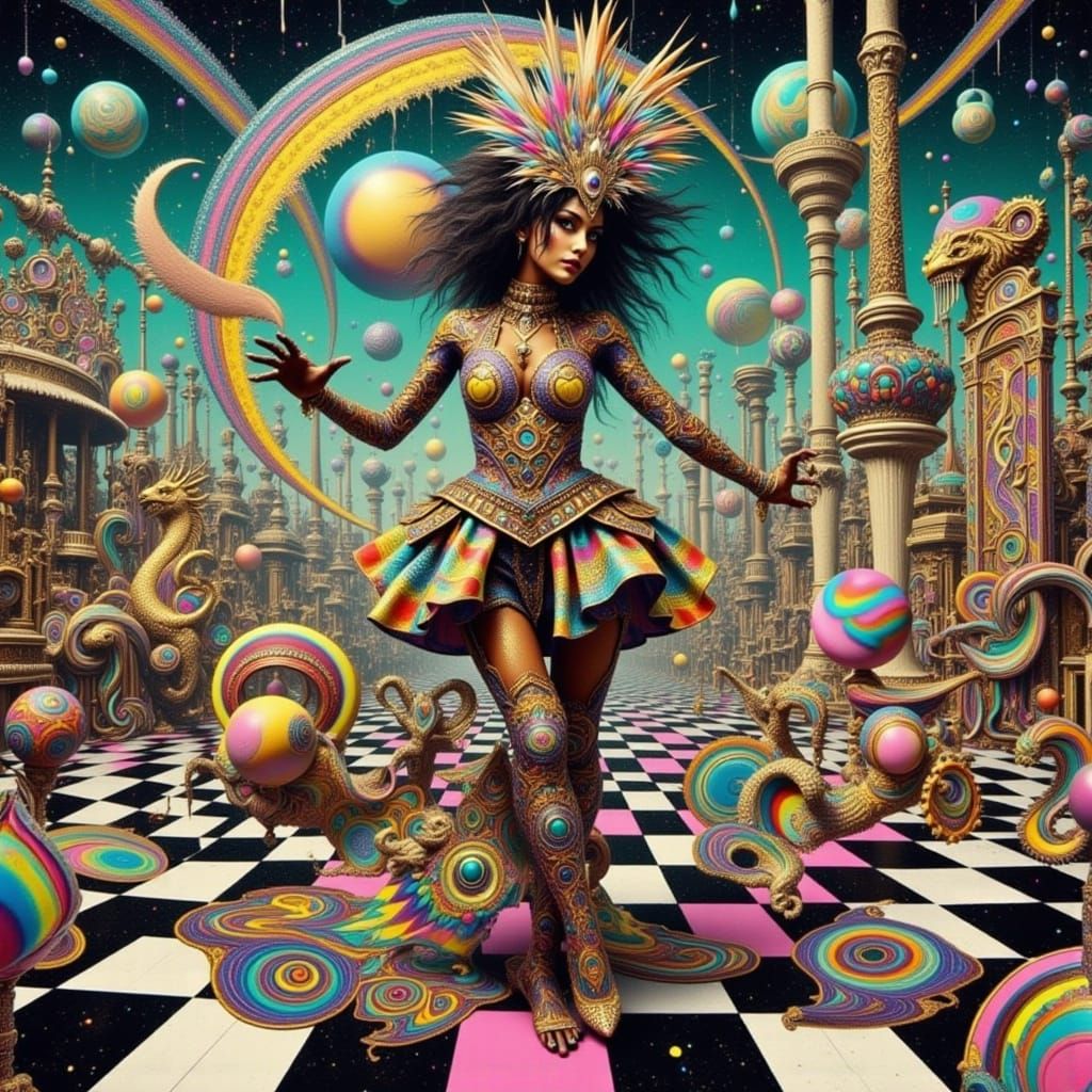 Alien Dancer in Dreamlike Geometric Landscape