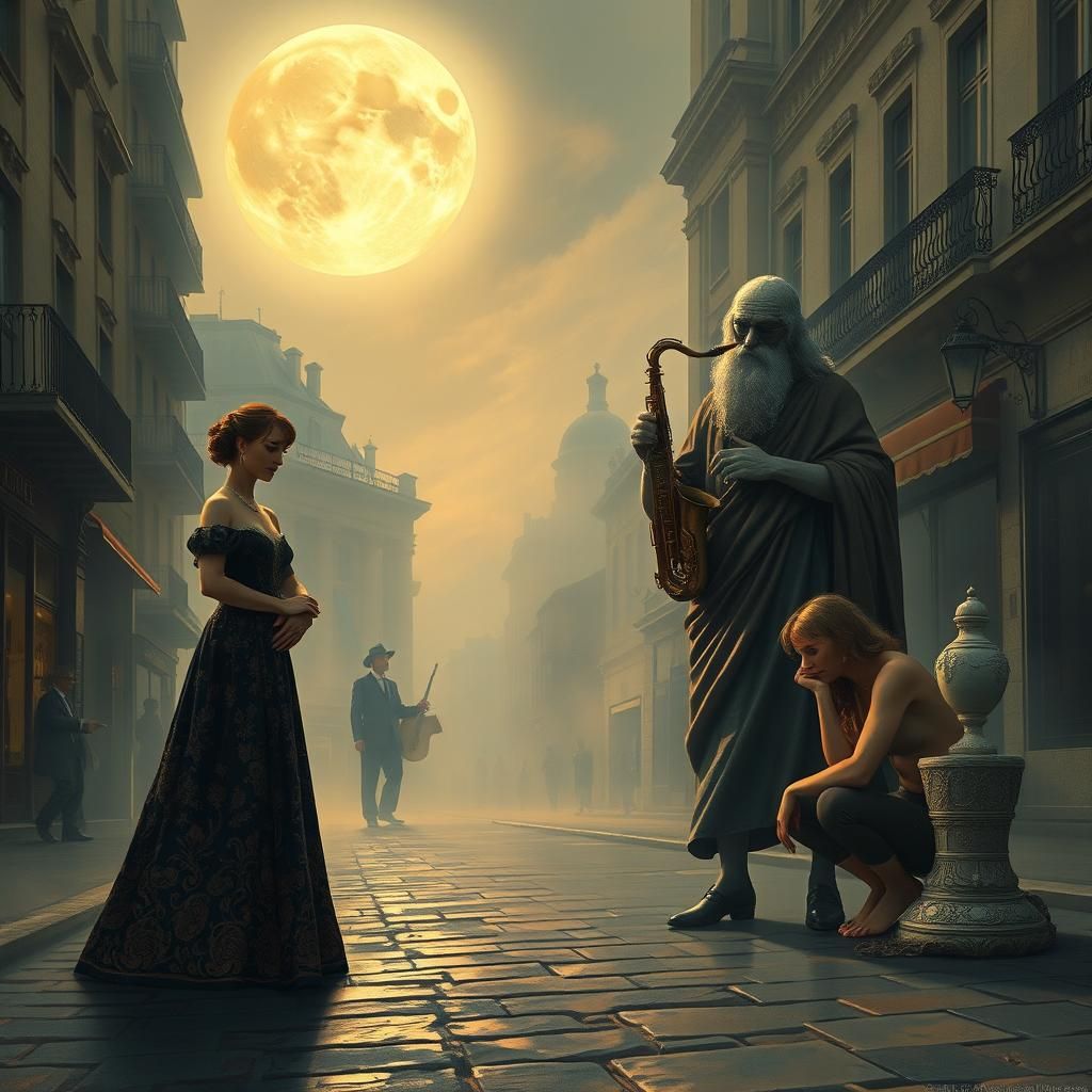 Historical Figures Converge on Moonlit Paris Street