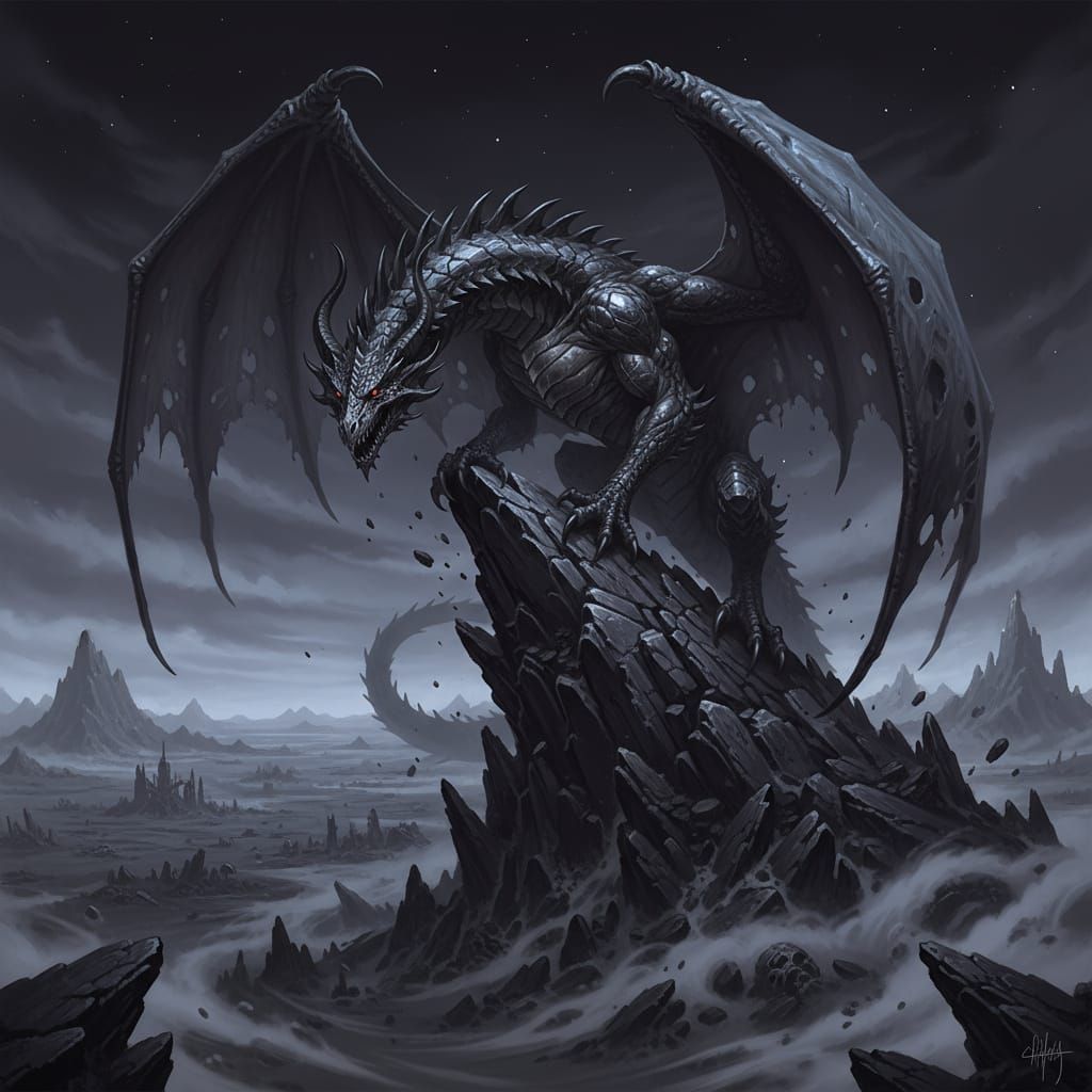 Obsidian Dragon on Crumbling Mountain Peak