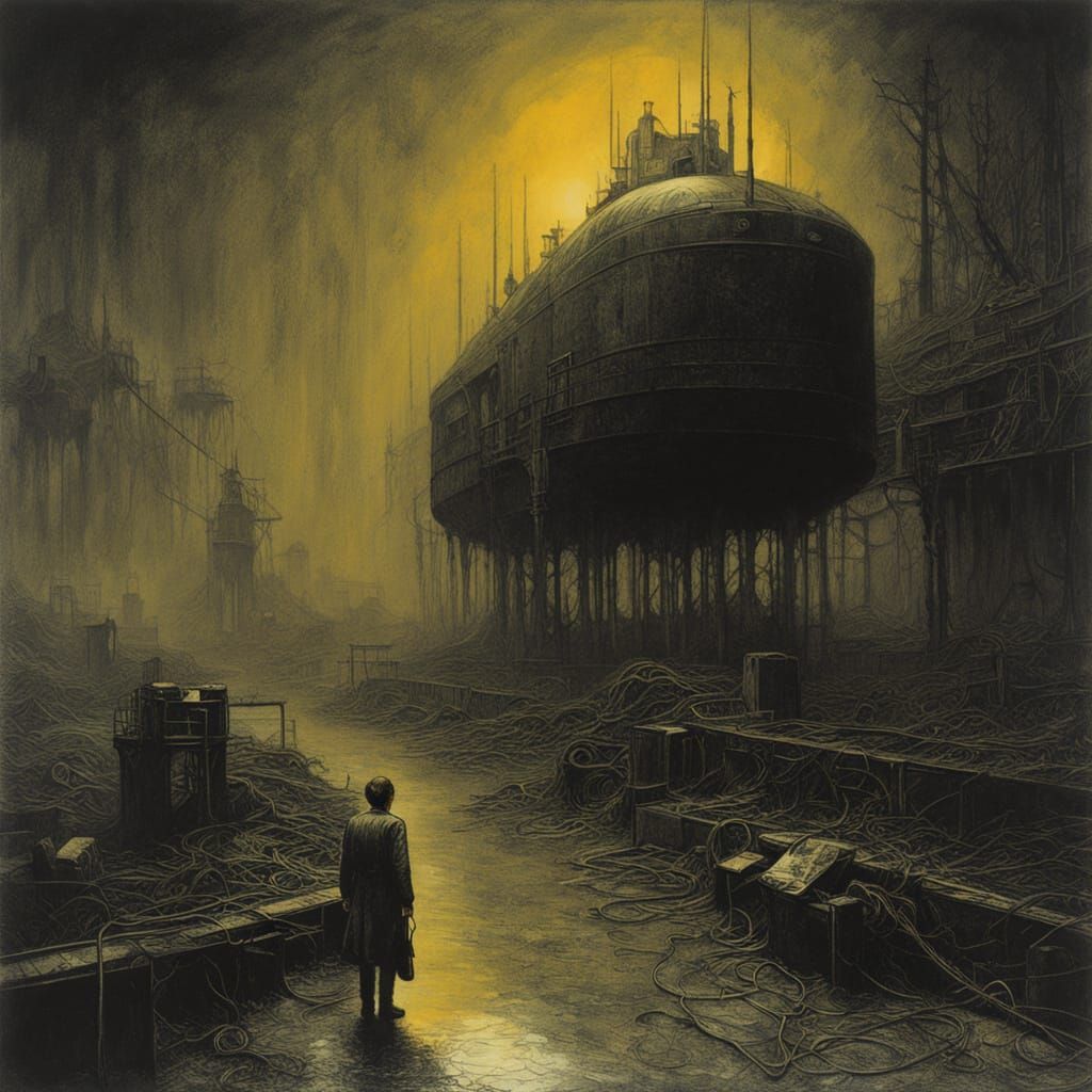 Dystopian Submarine Outcast in Neon-Lit Jumpsuit