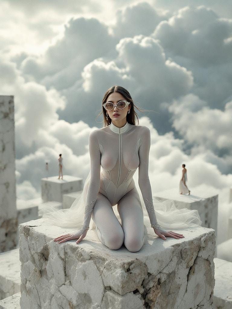 Surreal Couture: Woman on Platform with Miniature Dancers