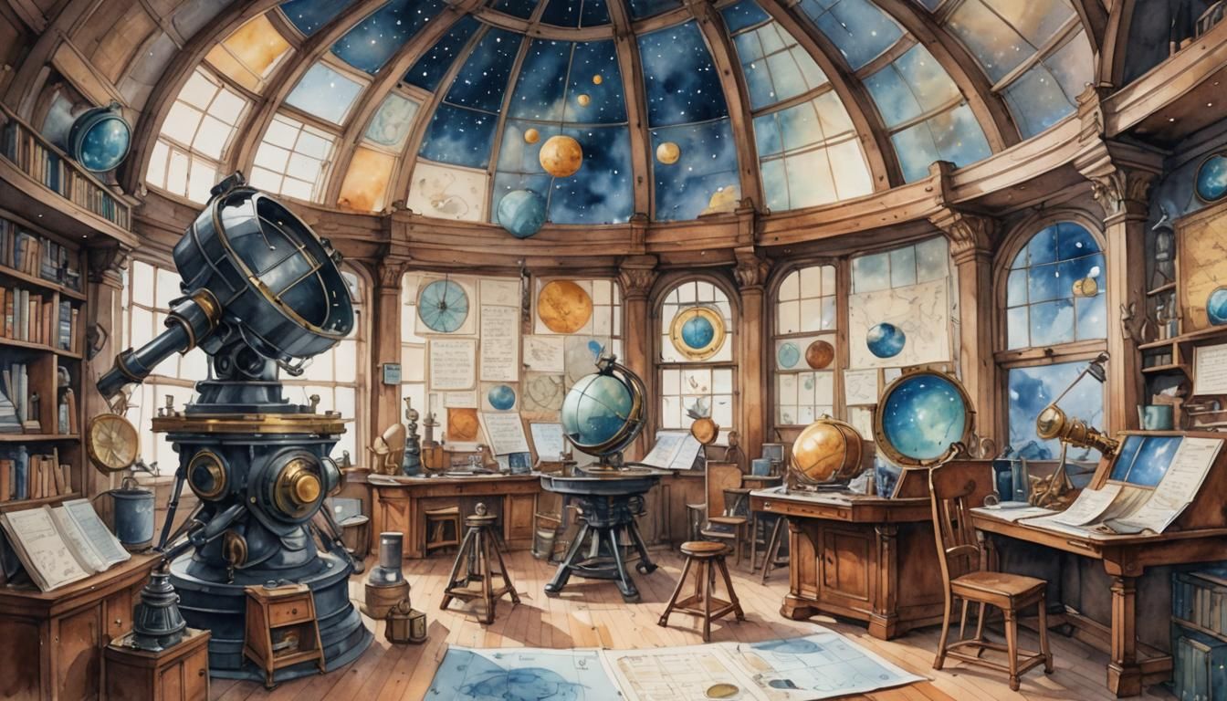 Surreal Fantasy Observatory Interior in Watercolor