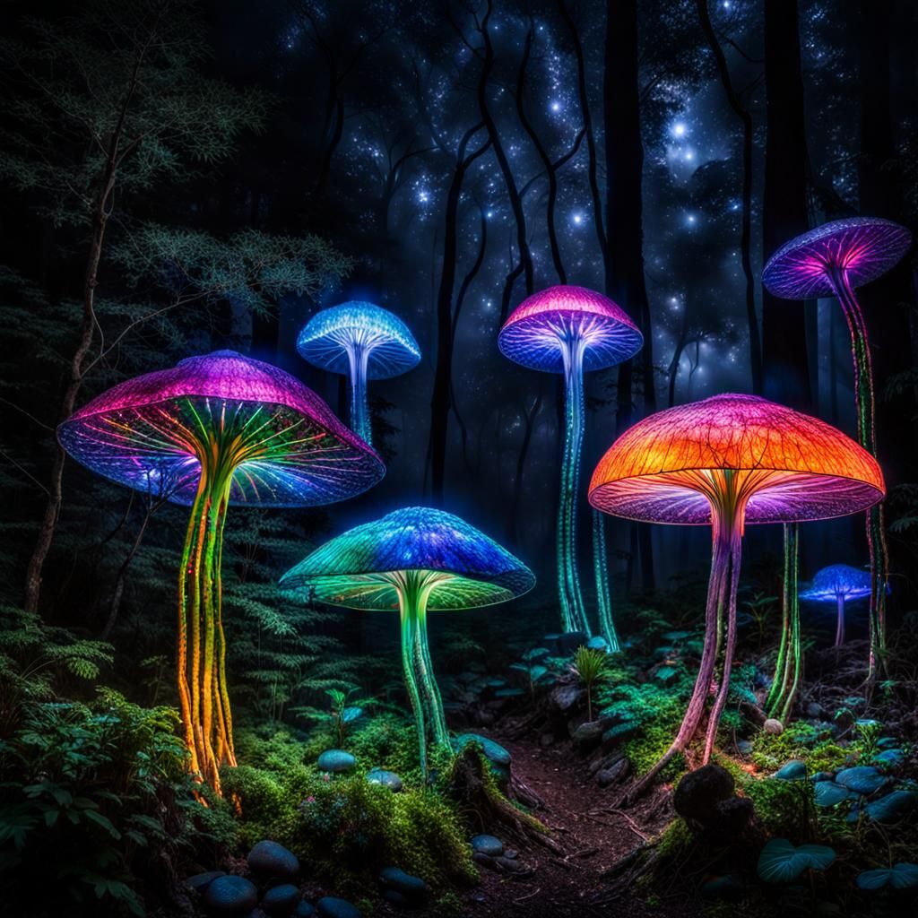 Bioluminescent Mushrooms Shine in Ethereal Forest