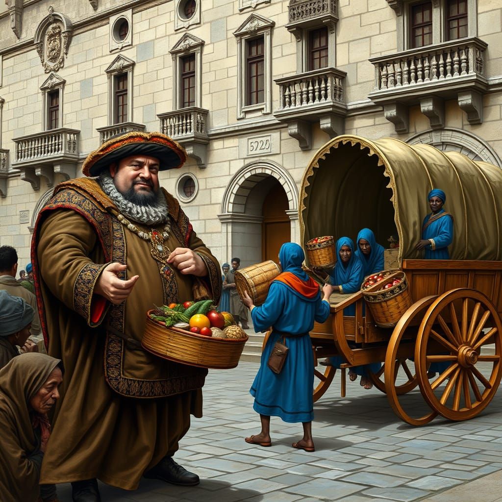 Merchant Dismisses Beggars in Vibrant Renaissance Scene