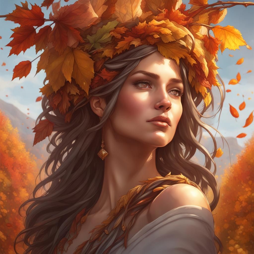 Autumn Goddess Portrait in Hyperdetailed Art Nouveau Style