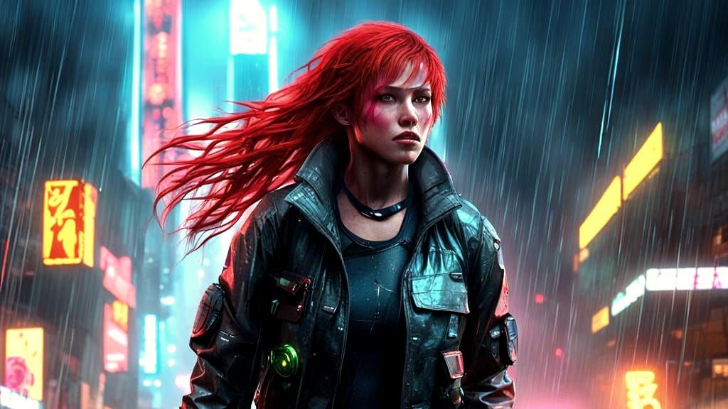 Cyberpunk Soldier Runs in Neon Rain