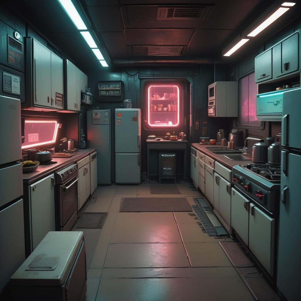 Cyberpunk Kitchen with Neon Lighting and Modern Appliances