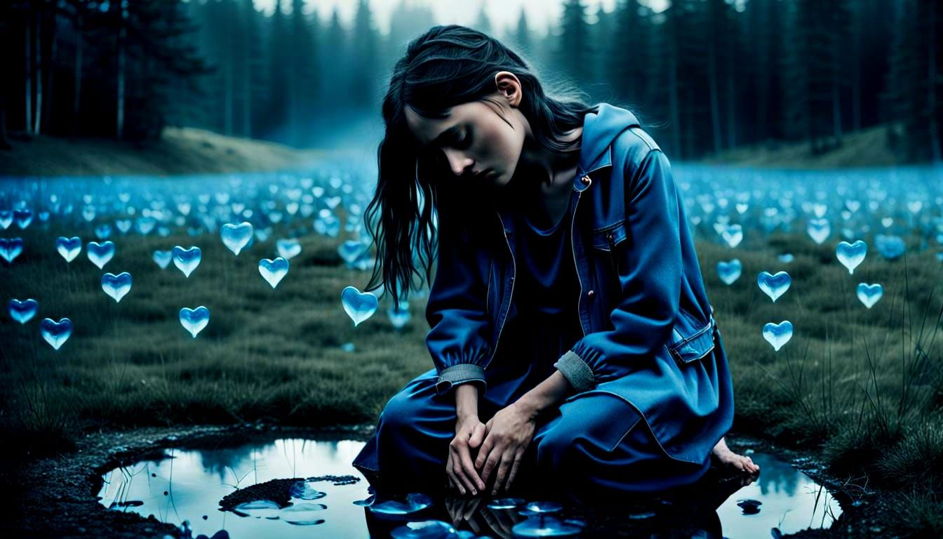 Melancholic Double Exposure: Woman's Grief in Blue Tears
