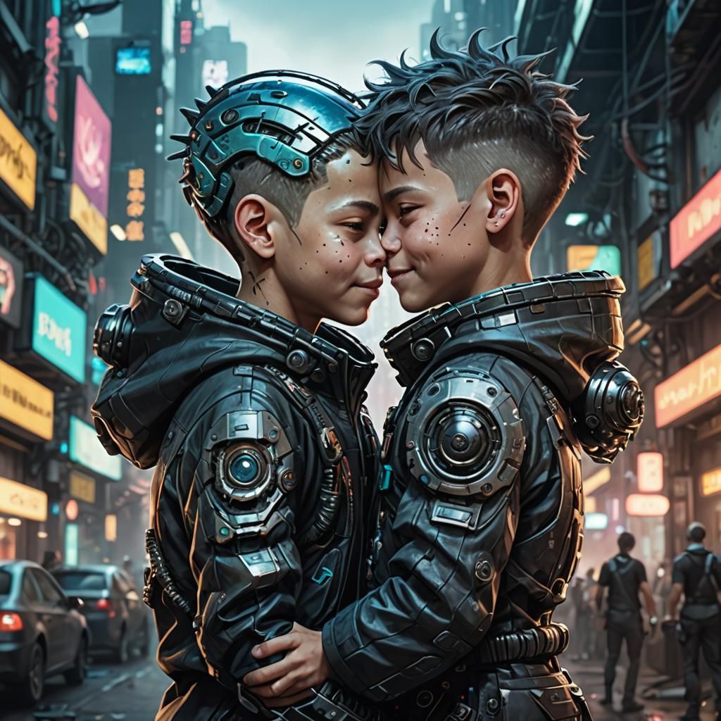 Alien and Cyborg Boys Hugging in Biopunk Style