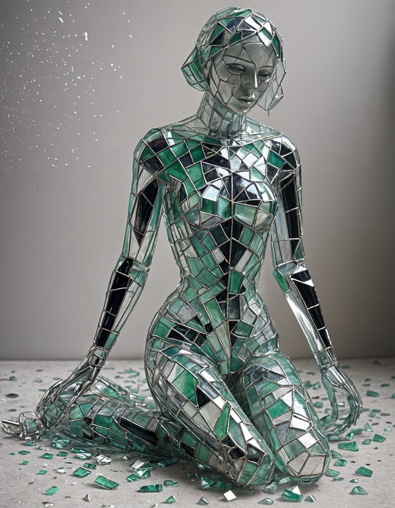 Shattered: A Glass Woman Sculpture in Broken Glass