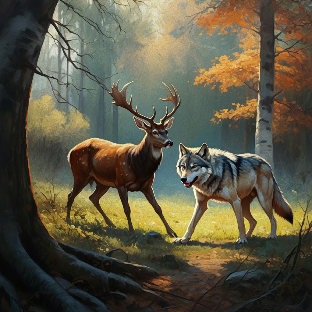 Wolf Stalking Deer in Forest, Romantic Era Style