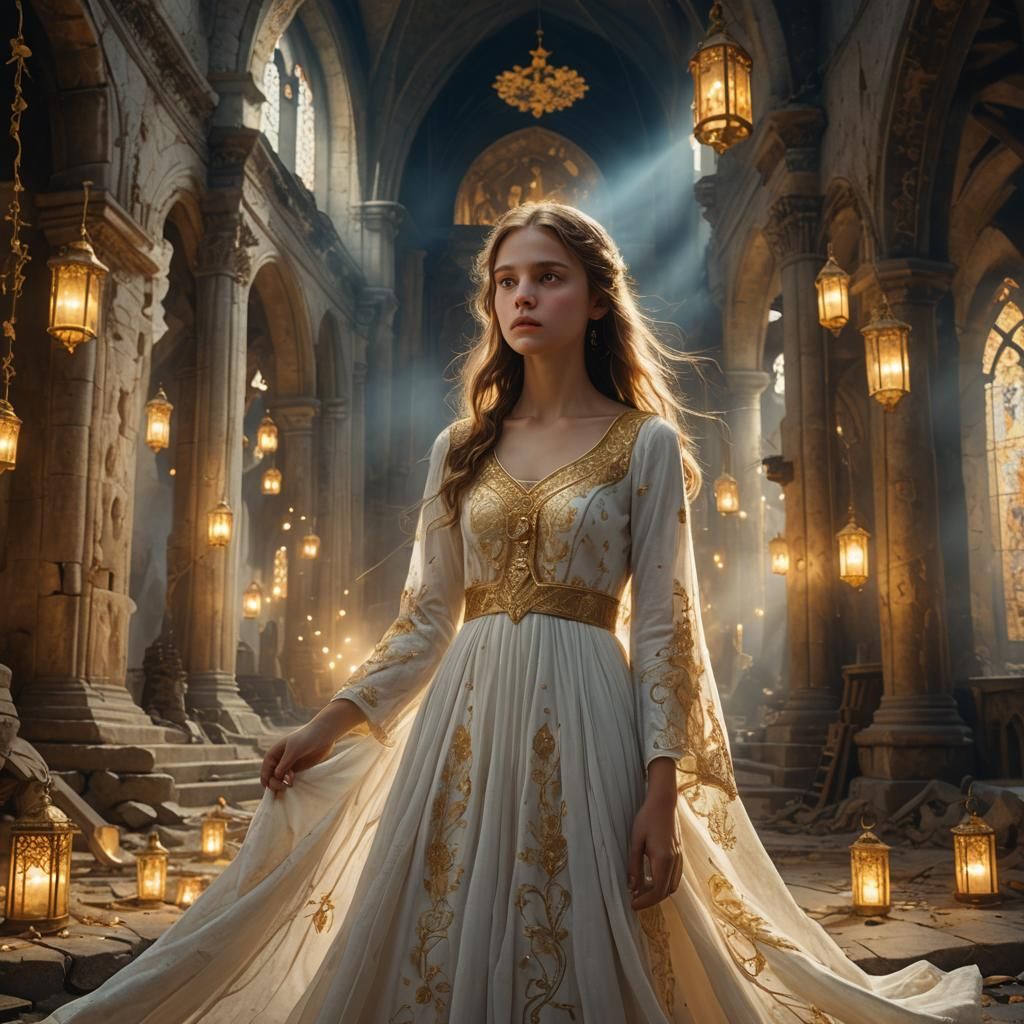 Girl in Ruined Church with Lanterns