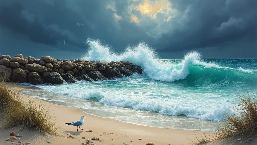 Stormy Beach with Seagull: Dramatic Seascape Painting