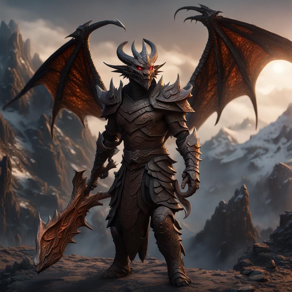 Dragonborn Warrior with Spear on Mountain