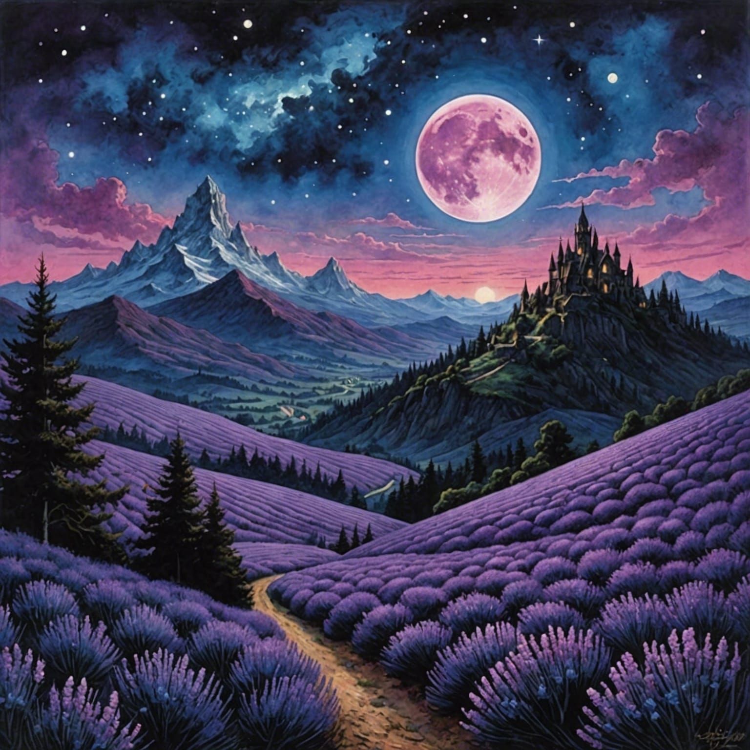 Lavender Field with Purple Moon in Watercolor Style