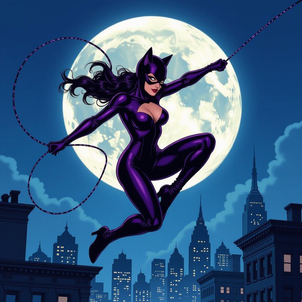 Catwoman Leaps Over Gotham Rooftops in Purple Catsuit