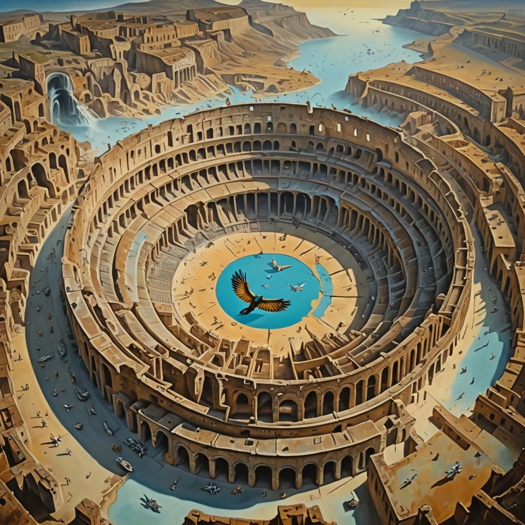 Surreal Bird-Men Circle Colosseum: Drone's Eye View