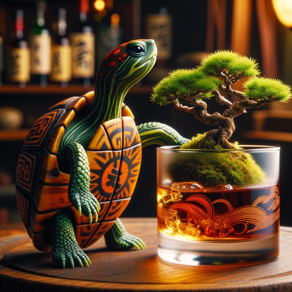 Whimsical Japanese Whisky Bar Scene with Teenage Turtle and ...