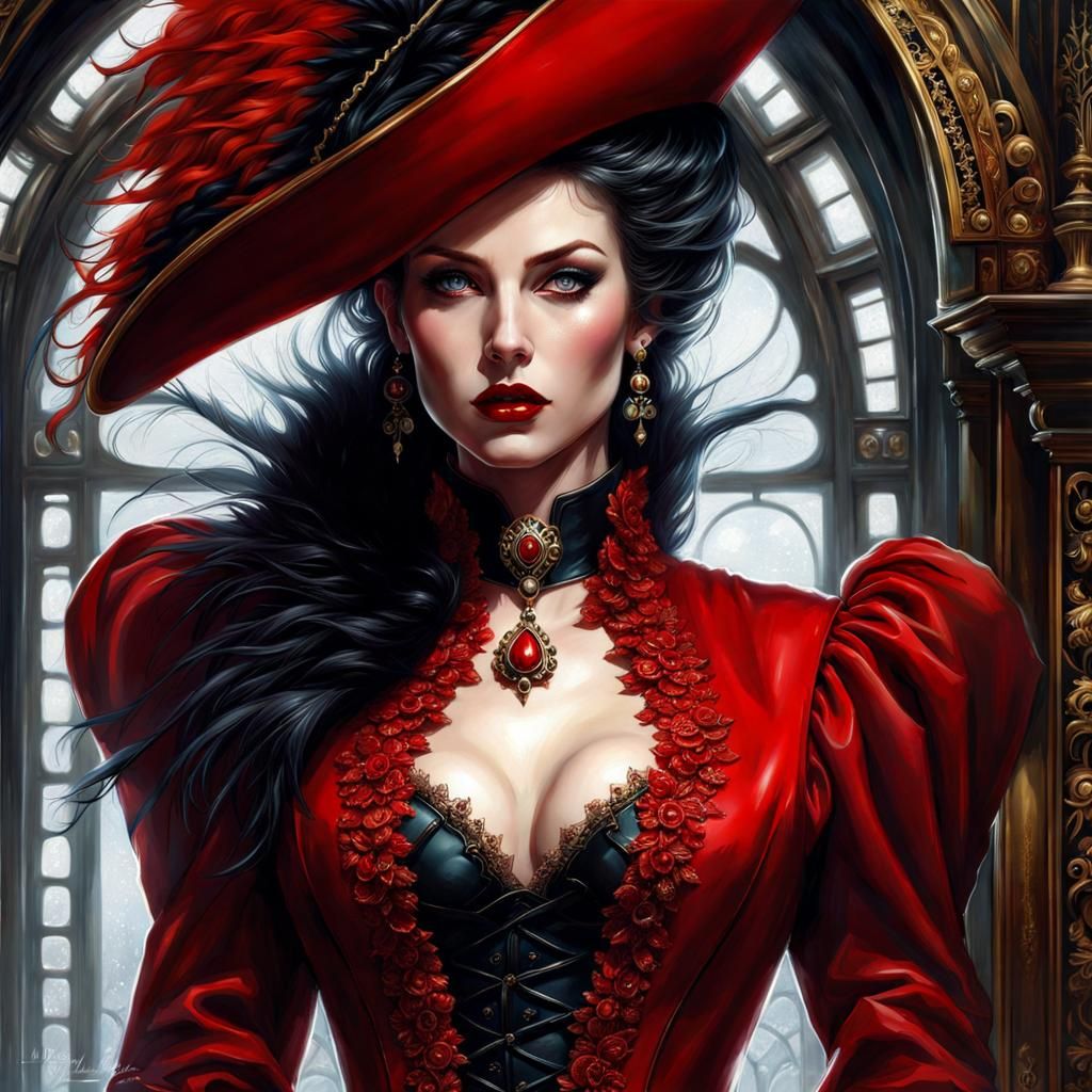 Gothic Woman in Red Latex Uniform: Fantasy Art