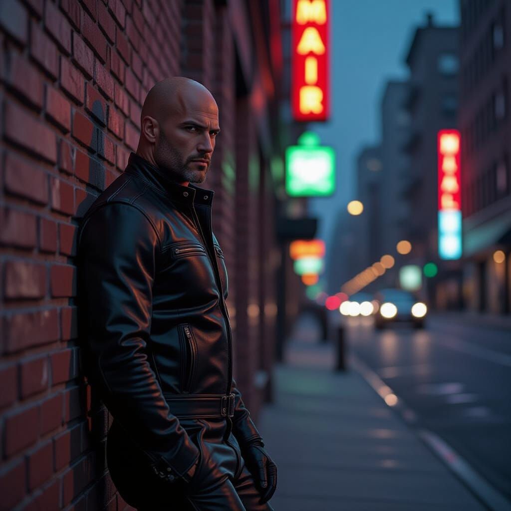 Muscular Bald Man in Leather Racing Suit on Night Street Cor...