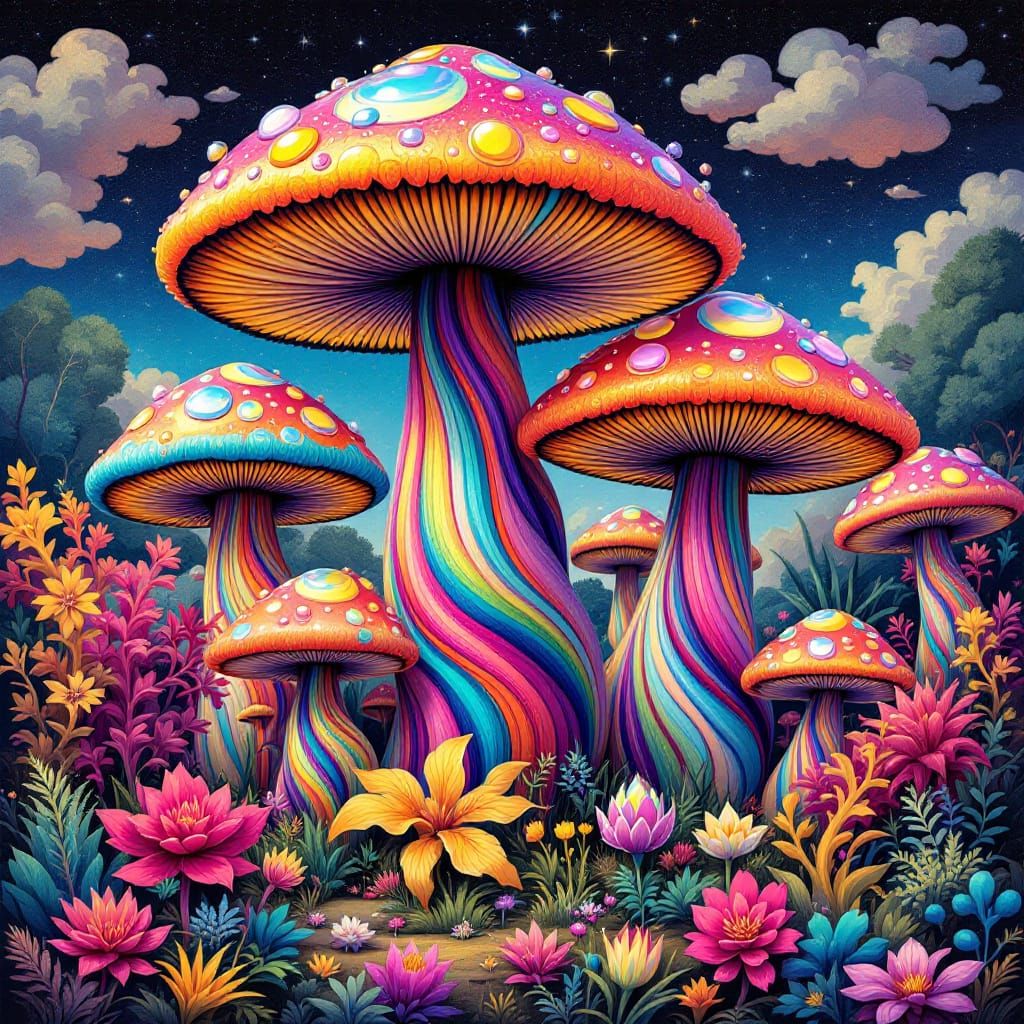 Psychedelic Flintstone Mushrooms in Vibrant Abstract Art