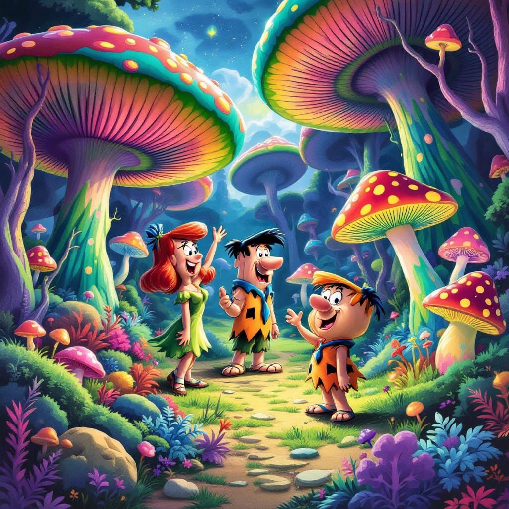 Psychedelic Flintstones in a Surreal Mushroom Forest