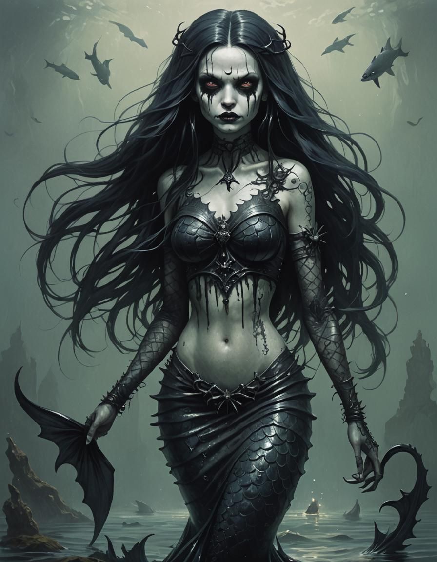 Sinister Goth Mermaid, Dark Fantasy Art