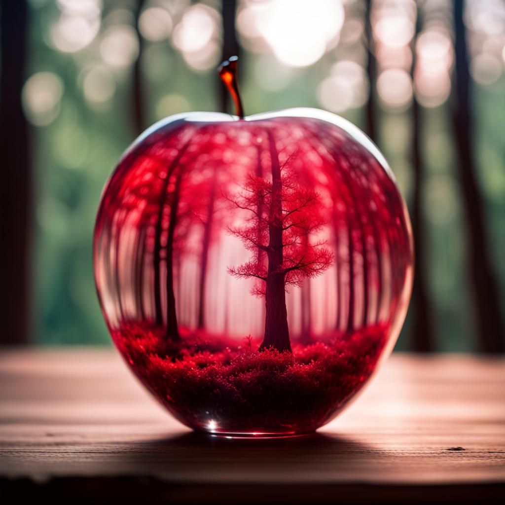 a close-up the red forest inside a shining apple crystal gla...